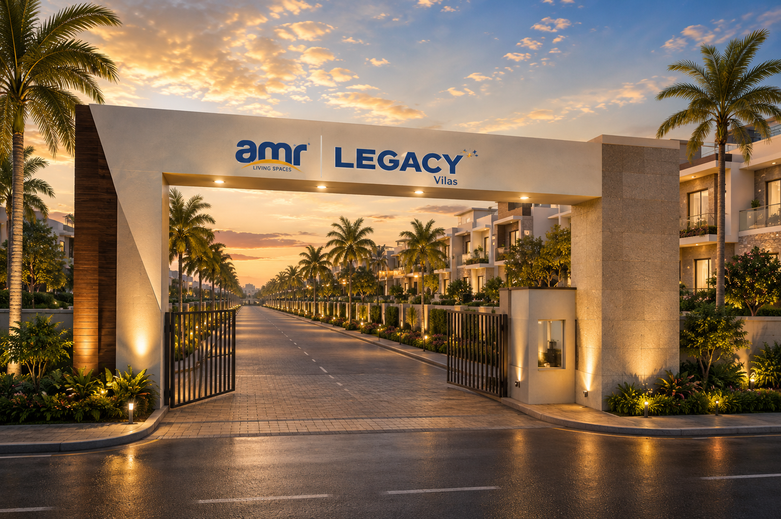 AMR Legacy grand entrance gate at sunset