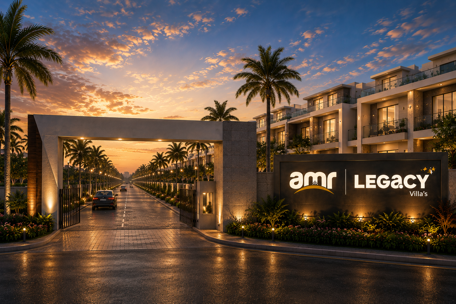 AMR Legacy grand entrance gate at sunset